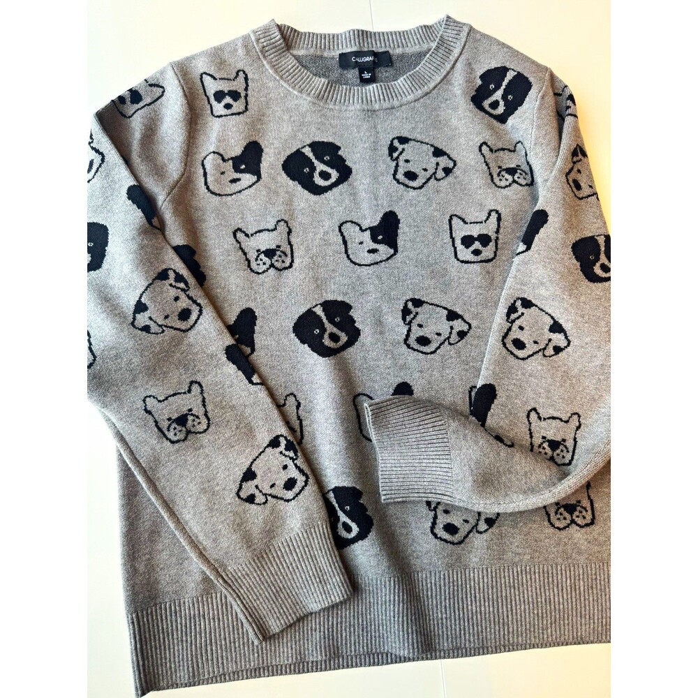 Anthropologie Calligraphie Women's Gray Dog Print Crewneck Pullover Sweater L